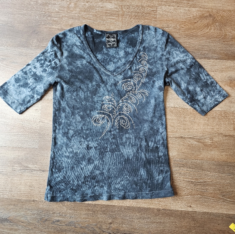 Vintage Y2K Sledge USA Black/Blue Tie Dye Rhinestone Embellished Shirt Top sz M